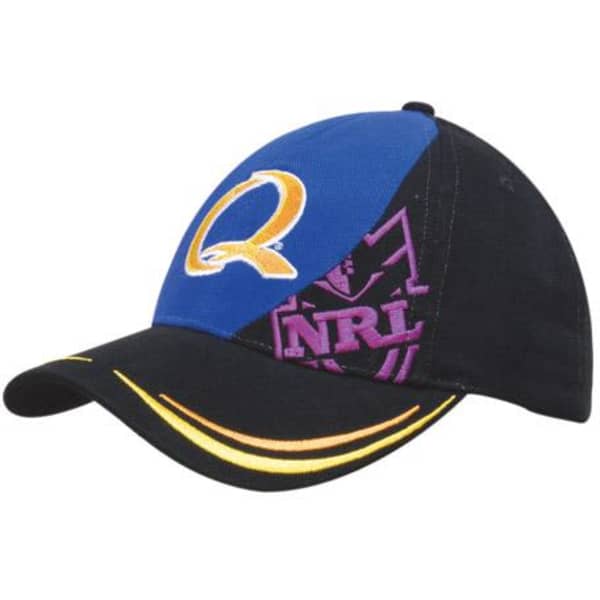 A cap featuring a blue, black, and yellow design with embroidered logos and a double-striped peak.