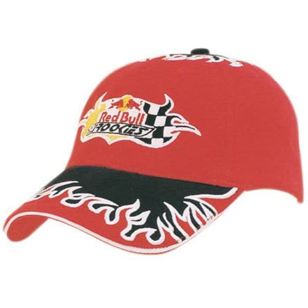 A red cap with flame embroidery along the brim and a logo on the front.