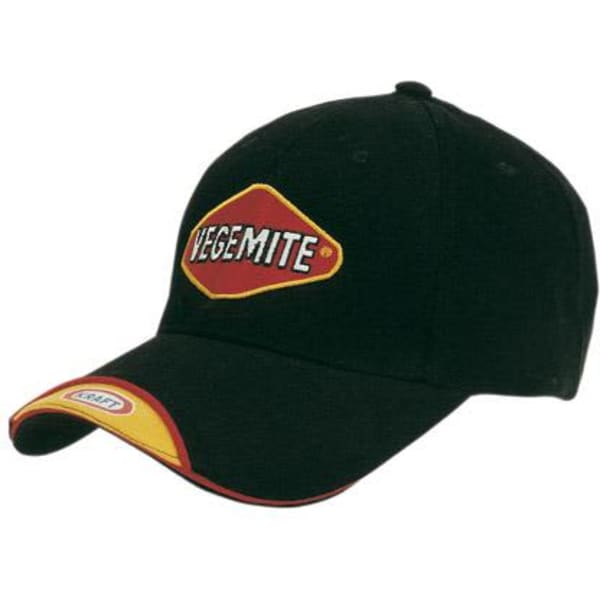 A black cap featuring a logo on the front, with red and yellow accents on the peak.