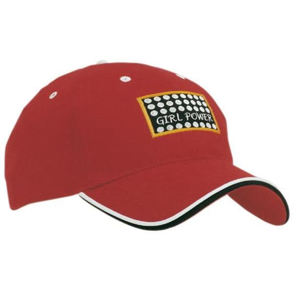 A red cap featuring a logo with a “Girl Power” design and white accents along the peak and trim.