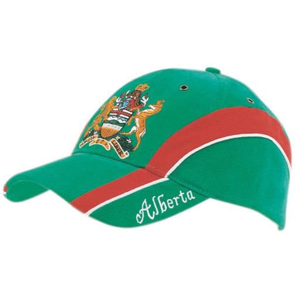 A green cap with a red peak insert featuring an embroidered design and a logo.