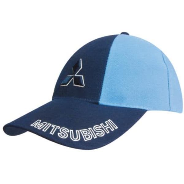A navy and light blue cap featuring a logo and text. The cap has a curved brim and a structured design.