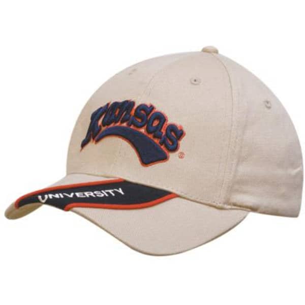 A beige cap with a peak insert and piping, featuring a logo and embroidered text on the front.