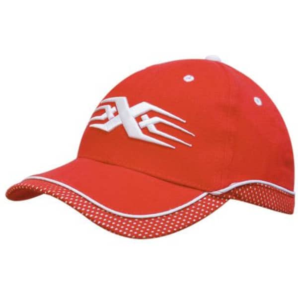 A red cap with a white logo, featuring a peak and mesh trim with piping detail.