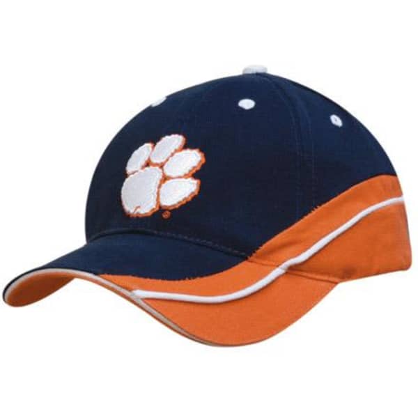 A navy and orange cap featuring a white paw print logo and a contrasting sandwich peak.