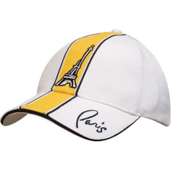 A white cap featuring a yellow and black striped design, with an embroidered Eiffel Tower and a signature.