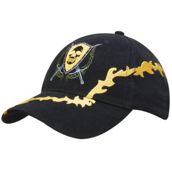 A black cap featuring a lightning bolt embroidery and a shield design with a skull, along with branding on the side.