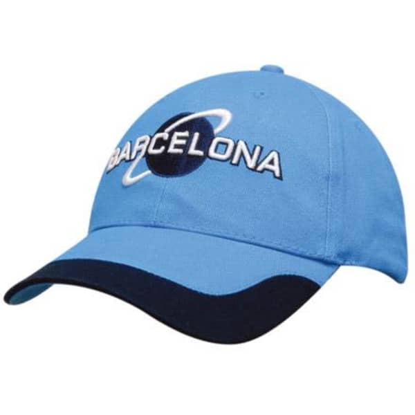 A blue cap with a navy peak trim and an embroidered logo. It features the word 