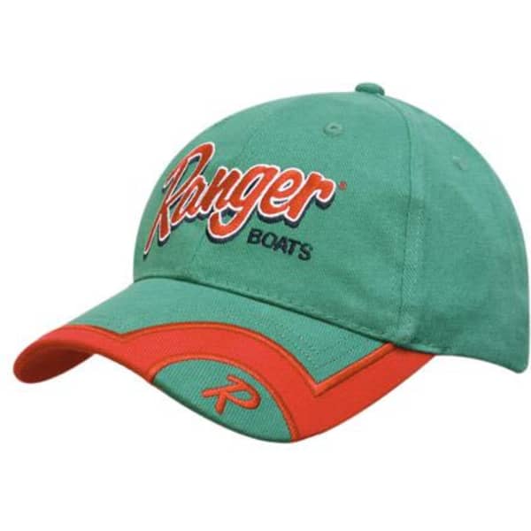 A green and orange cap with an embroidered logo and trim.