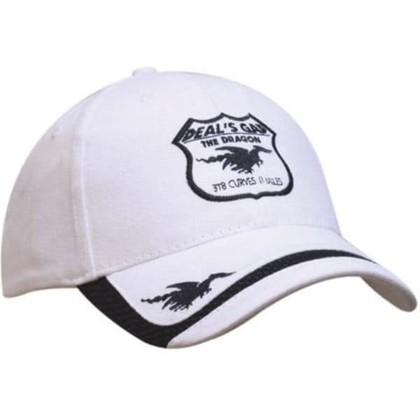 A white cap with black stitching and an embroidered logo featuring a dragon. It has a curved peak and adjustable strap.