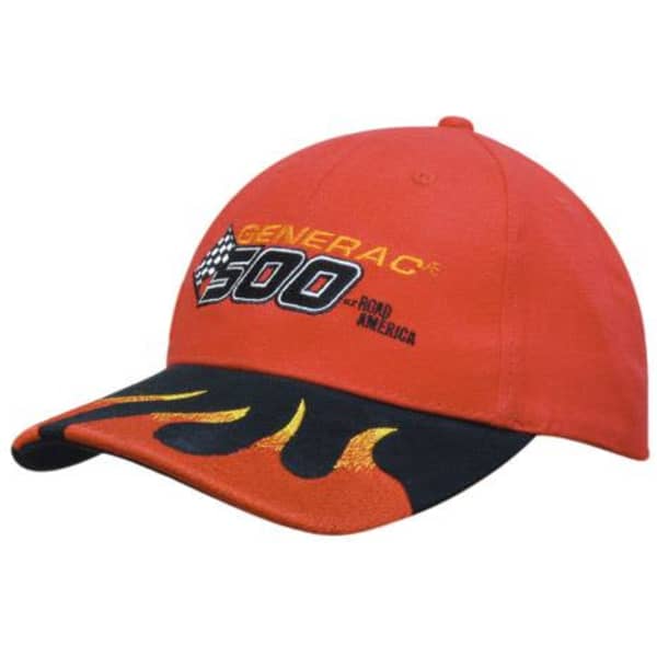 A cap featuring a red body with a black brim and flame design, along with a logo on the front.
