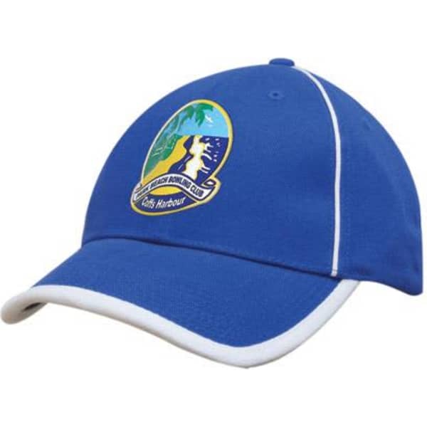 A blue cap with a white peak trim and piping, featuring a logo on the front.