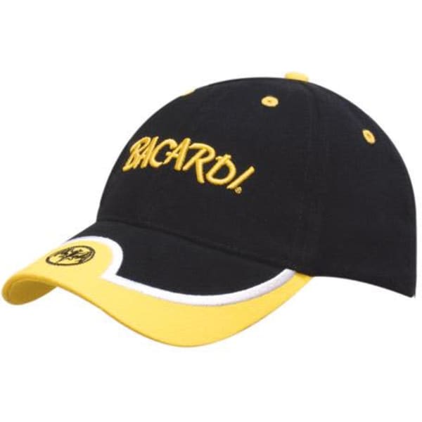 A black and yellow cap with an embroidered logo and peak trimmed insert. Features a yellow and white trim.