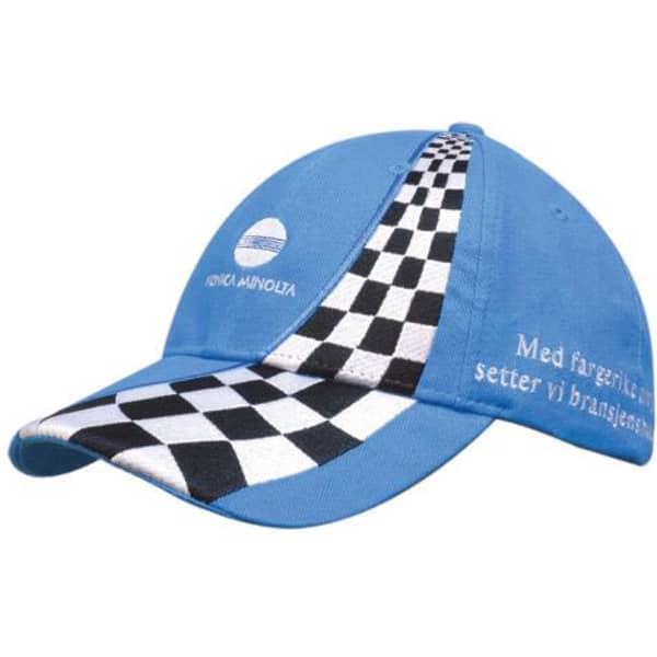A blue cap featuring black and white checkered panels, with an embroidered logo.