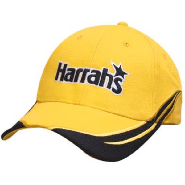 A yellow cap with a black brim and an embroidered logo on the front. Features contrasting trim details.