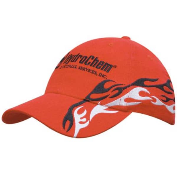 A red cap with flame embroidery on the brim, featuring a logo on the front.