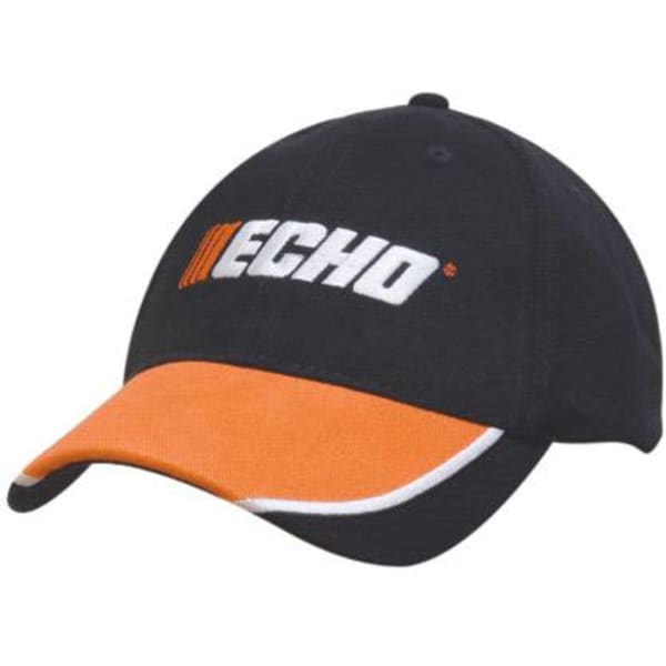A black cap with an orange peak and white piping, featuring a logo on the front.