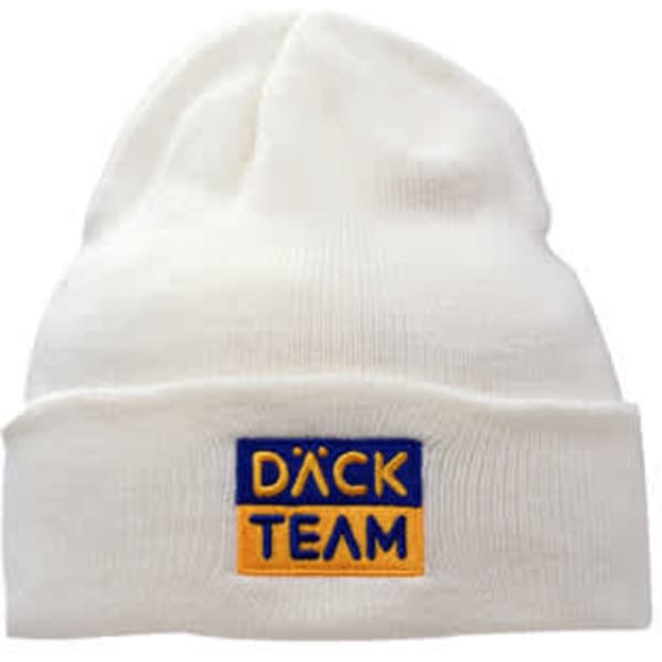 A white acrylic beanie with a folded cuff and a logo attached.