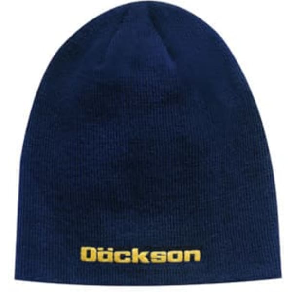 A navy blue roll down acrylic beanie featuring a logo in gold.