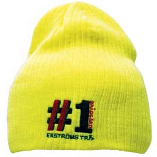 A bright yellow beanie featuring a ribbed knit design and a logo with the text 