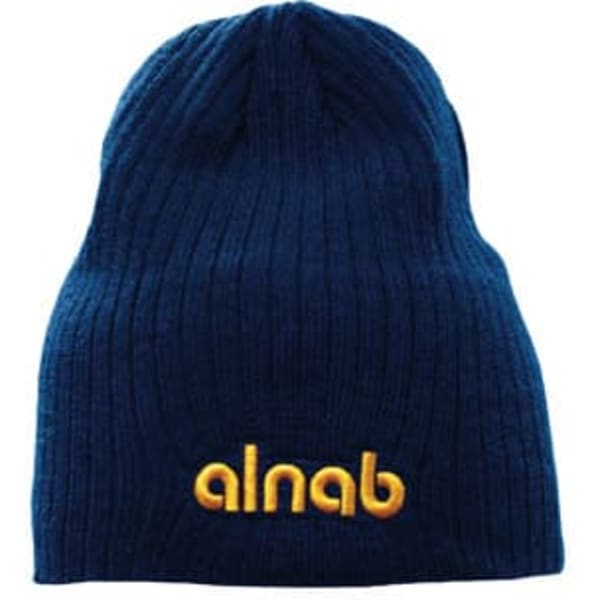 A deep fit cable knit beanie in navy blue with a logo on it.