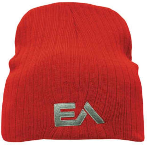 A deep red cable knit beanie with a silver logo on the front, featuring a wide fit.