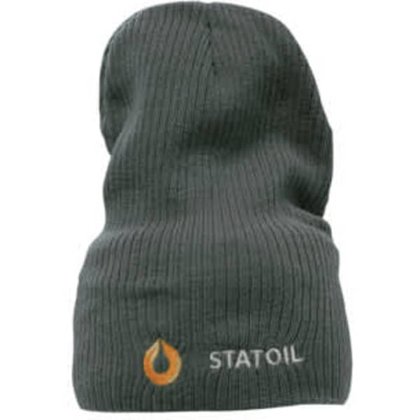A grey cable-knit beanie with a ribbed texture and a logo on the front.