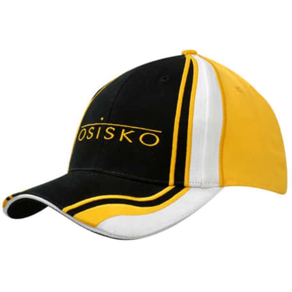 A black, yellow, and white cap with a logo and contrasting peak inserts features embroidered detailing.