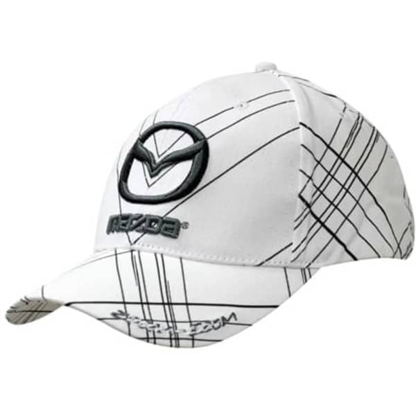 A white cap featuring an all-over printed line design and a logo on the front.