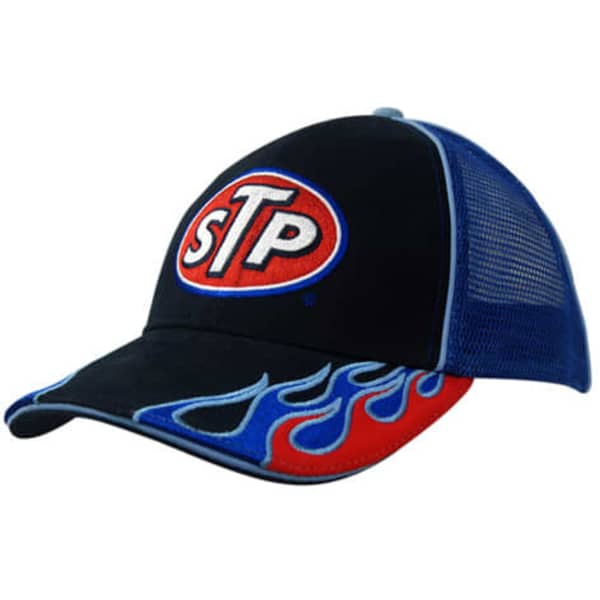 A black cap with a mesh back, featuring red and blue flame embroidery and an oval logo on the front.