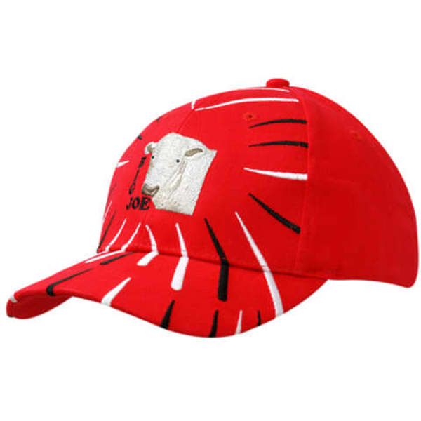 A red cap featuring embroidered lines on the crown and peak, with a logo.