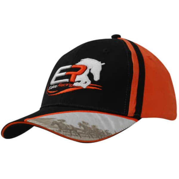 A black and orange cap featuring a logo, embroidery on the peak, and a horse design on the side.