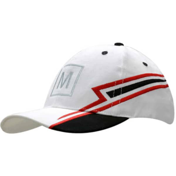 A white cap featuring red and black stripes, with a logo on the front and a curved brim.