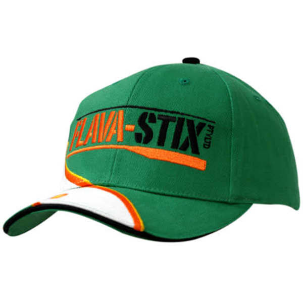 A green cap with sandwich trim and embroidery on the crown and peak, featuring a logo.