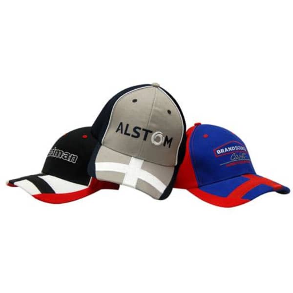 Three caps in various colours: a black cap with white stripes, a grey and blue cap with a logo, and a red and blue cap with branding.