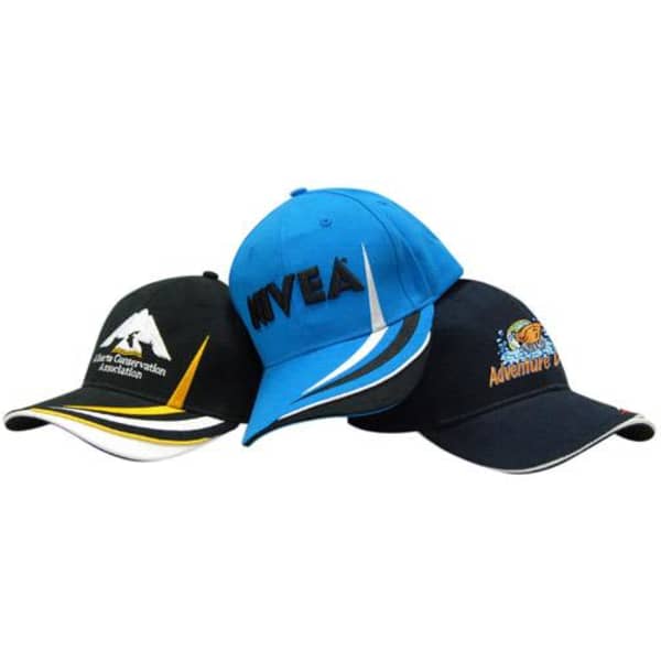 Three caps displayed: one blue with embroidery, and two black with coloured accents and logos.