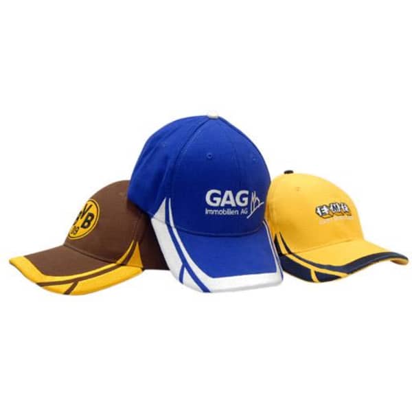 Three caps in blue, brown, and yellow with embroidered designs and logos. Each cap features contrasting trim details.
