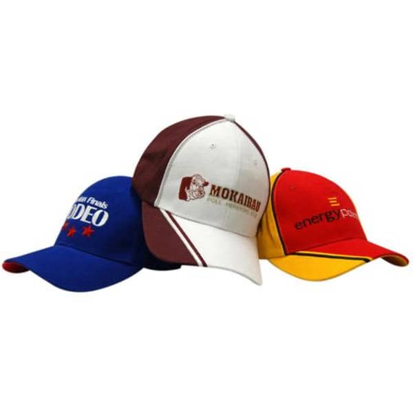 Three baseball caps in blue, white and maroon, and red and yellow, featuring different logos and designs.