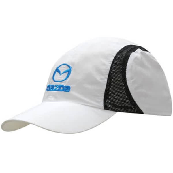 A white sports cap made of microfibre and mesh, featuring a logo on the front and a breathable design.
