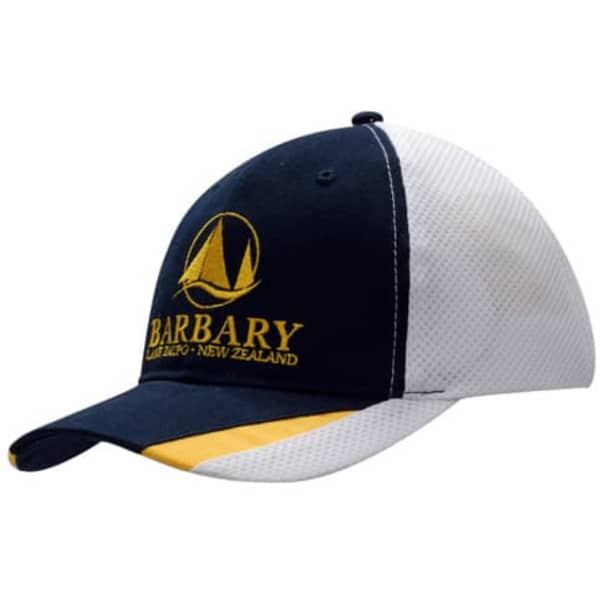 A navy and white baseball cap with mesh inserts and a logo featuring a sailing boat.