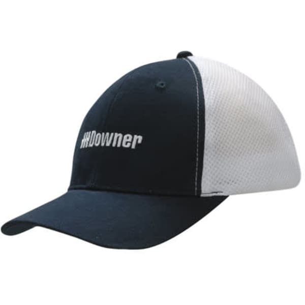 A navy blue and white cap featuring a mesh panel and a branding logo.