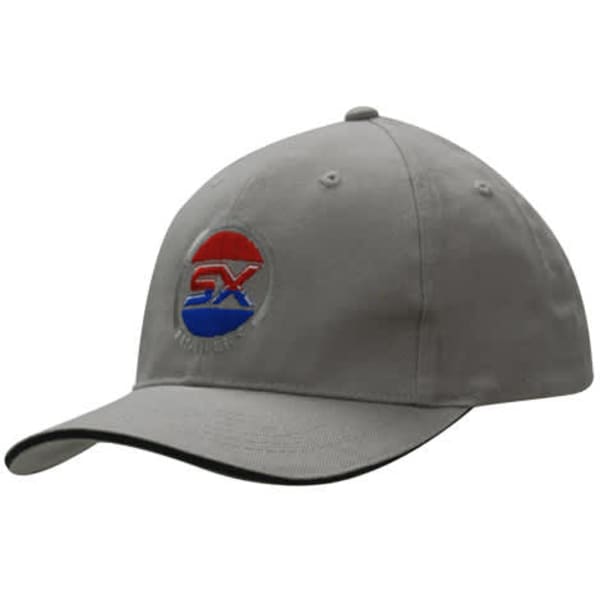 A grey cap with a rounded crown and a curved brim, featuring a logo on the front.