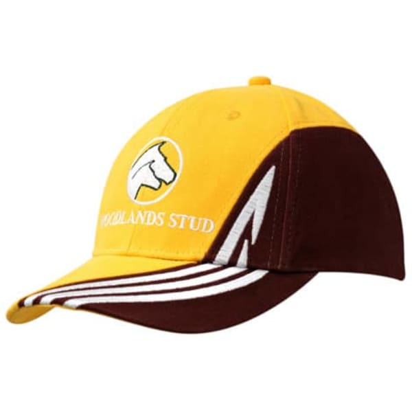 A yellow and brown cap featuring an embroidered design and a logo. The cap has a curved peak and stripes on the side.