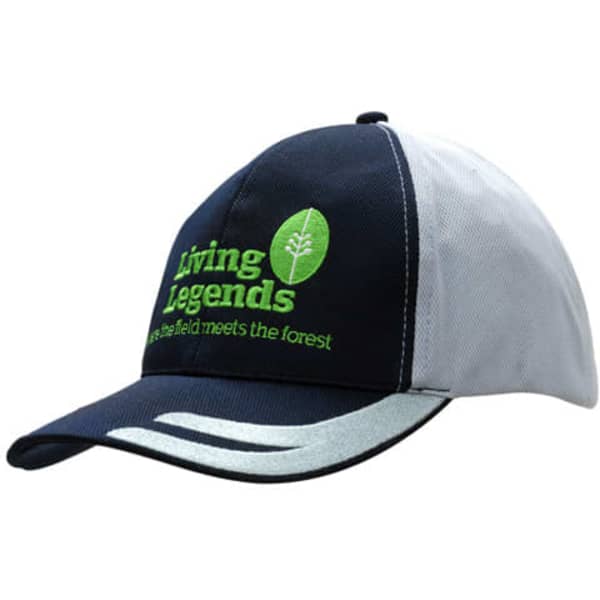 A navy and grey cap featuring an embroidered design on the peak and a logo.