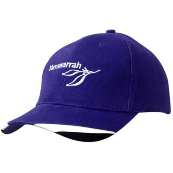 A purple cap with fabric inserts on the peak and a logo on the front.