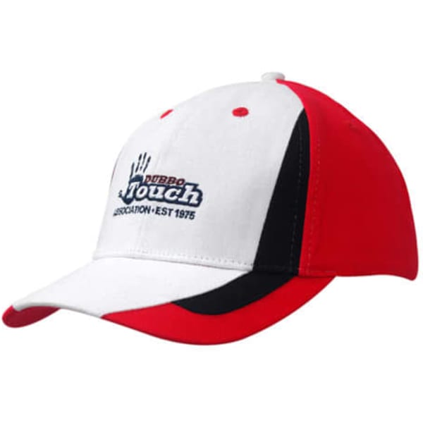 A cap featuring a white crown with red and black fabric inserts and a logo on the front.