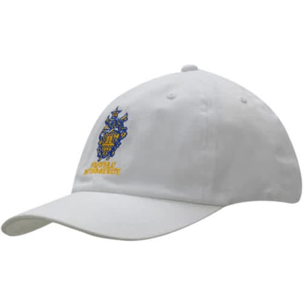 A white cap with a curved brim featuring an embroidered logo in blue and yellow.