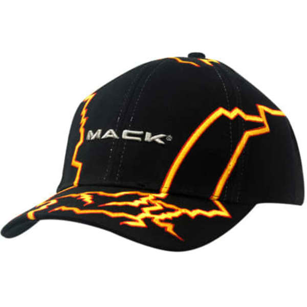 A black cap featuring bright orange lightning embroidery on the crown and peak, with a logo on the front.