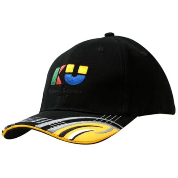 A black cap featuring a logo, with a yellow sandwich trim and embroidered design on the peak.