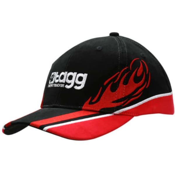A black and red cap featuring embroidered flames, with a logo on the front and a trim on the peak.